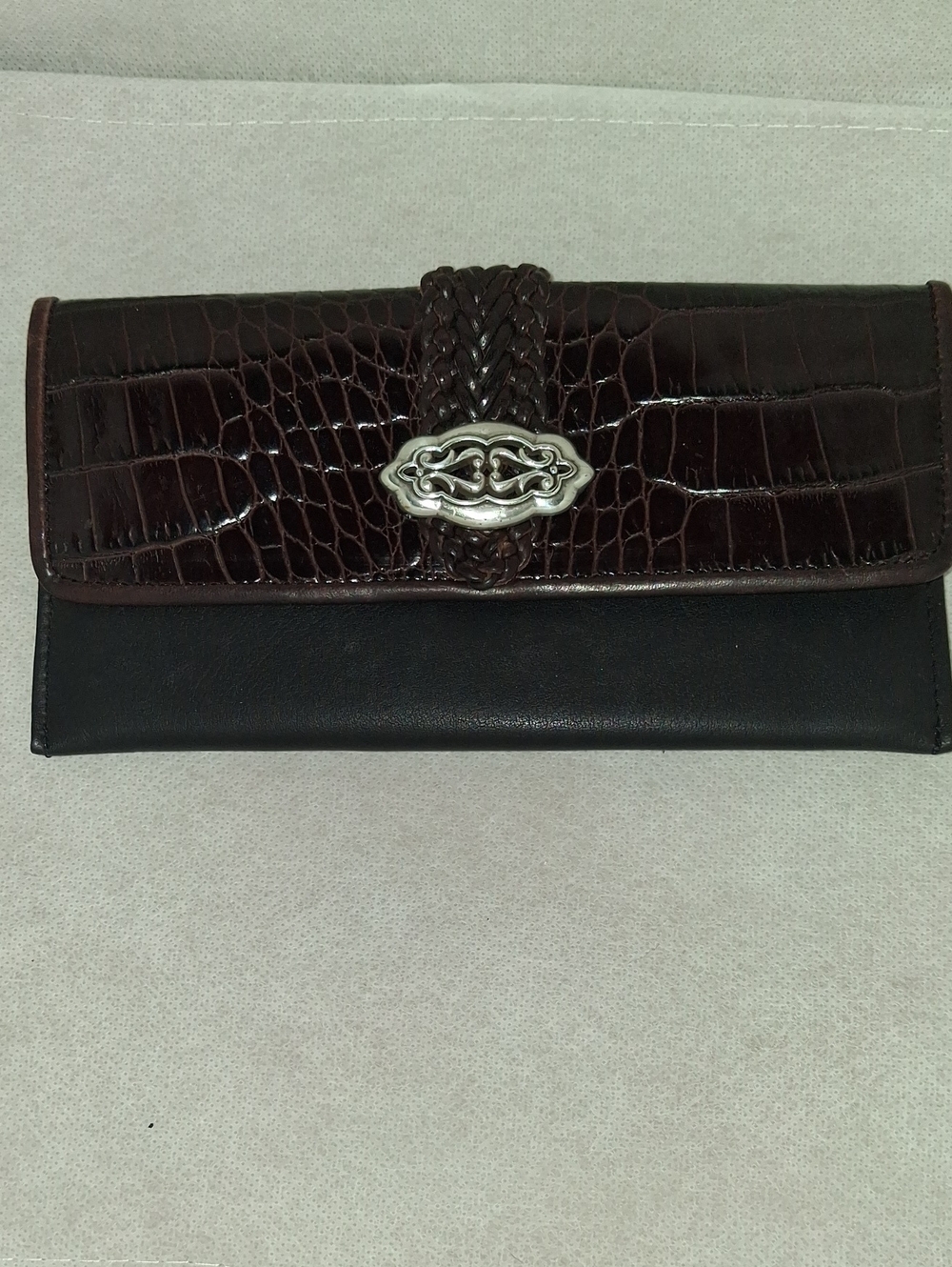 Brighton Brown Croc-Embossed and Black Leather Wallet Clutch